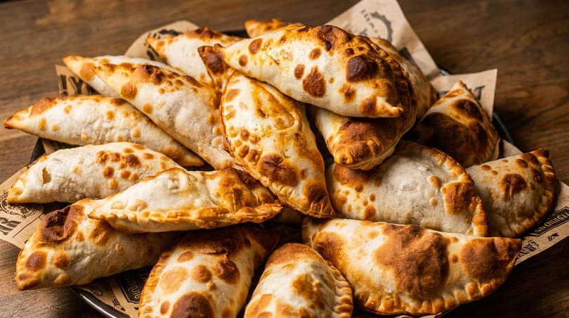 A close-up of a pile of golden-brown empanadas on a dark plate with brown paper.