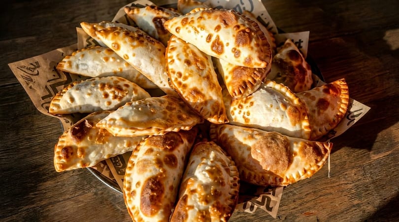 A basket filled with golden-brown empanadas on branded paper, resting on a rustic wooden table.