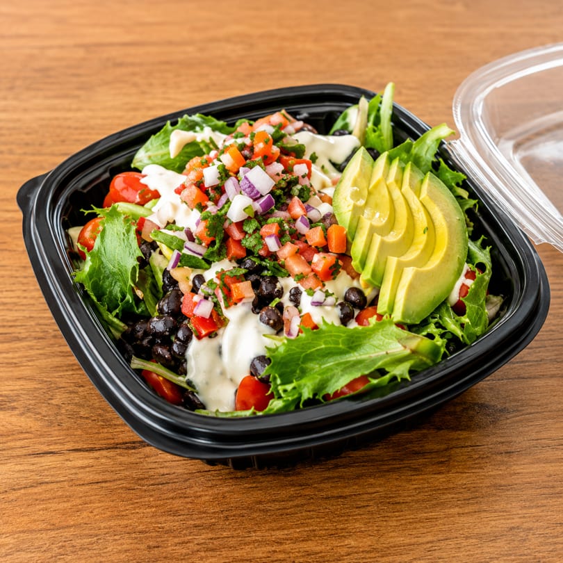 A fresh salad with lettuce, tomatoes, black beans, pico de gallo, avocado, and creamy dressing in a black to-go container.
